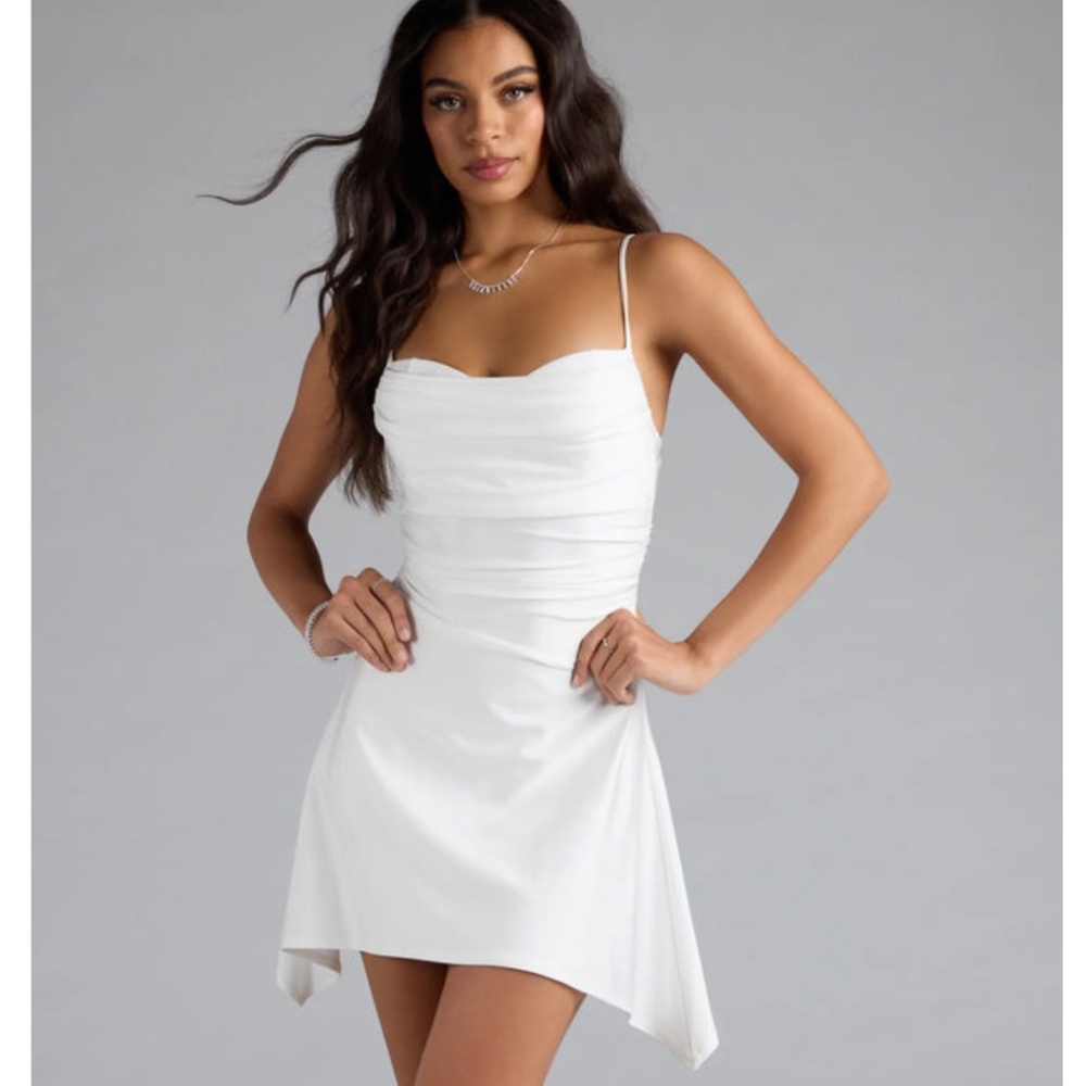 NWT white windsor dress - S - Set The Vibe Asymmetric A-Line Mini Dress - Picture 5 of 7
